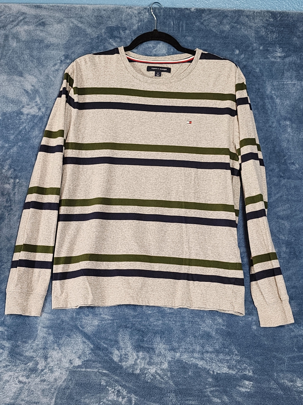 Tommy Hilfiger Gray Crewneck Sweater with Olive & Navy Stripes